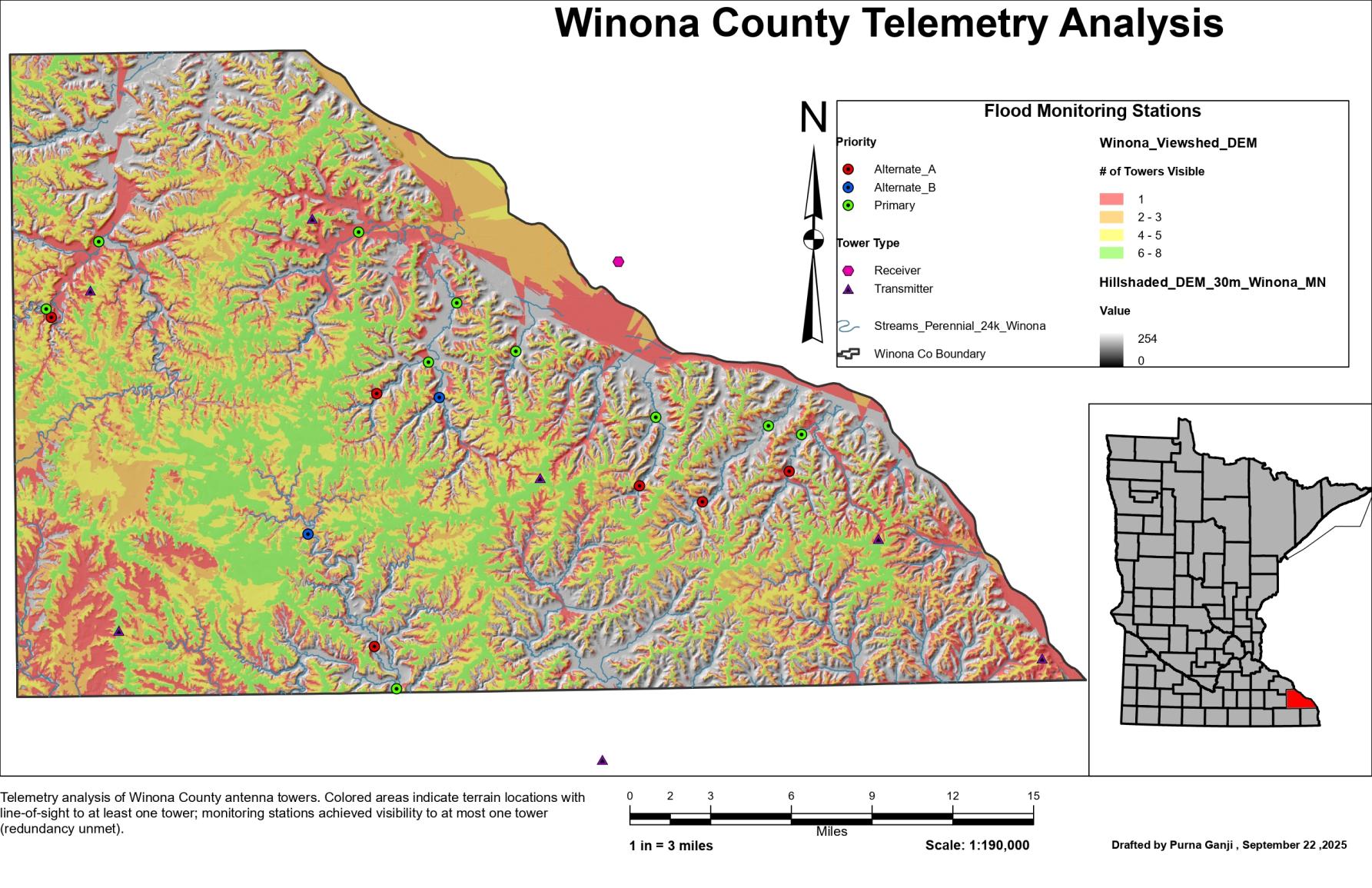 Viewshed map showing visible areas from selected towers/monitoring stations